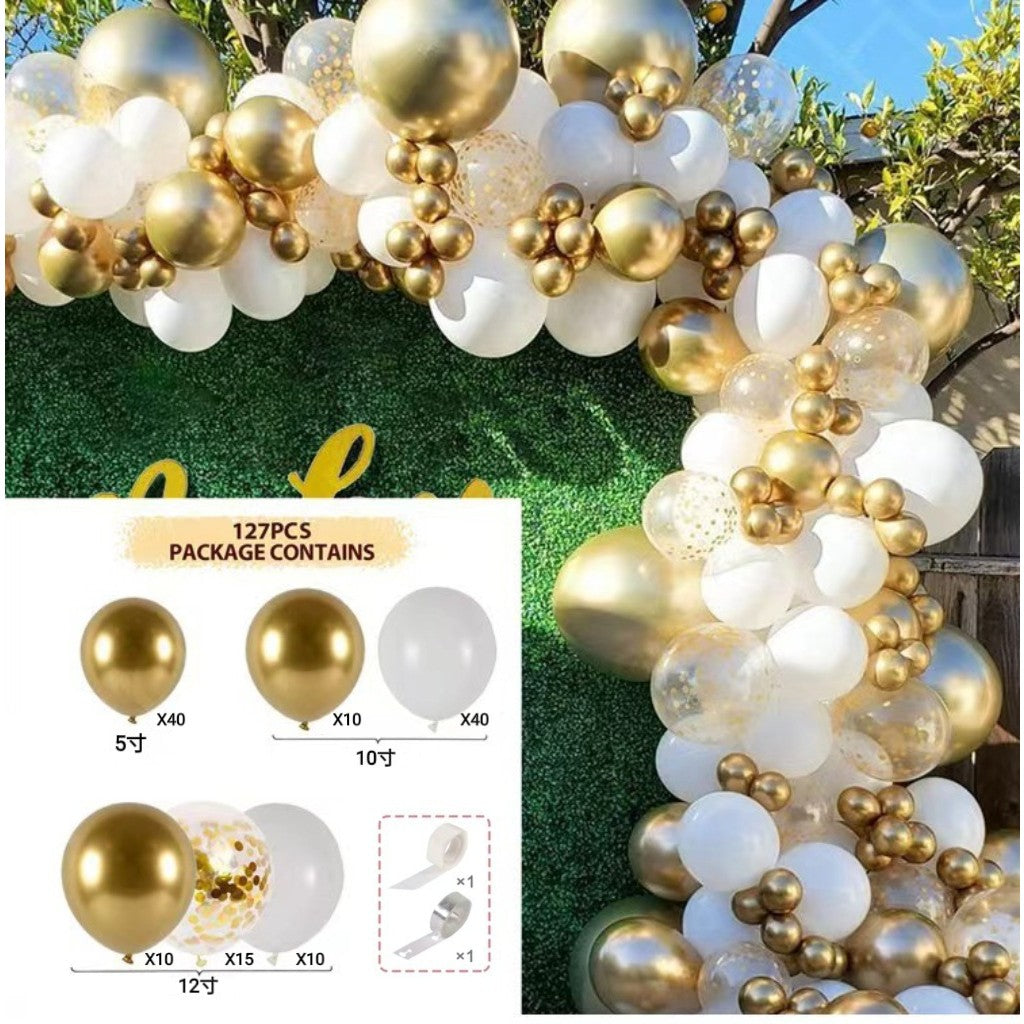 Baloane pentru Arcada decorativa, ANGELBEAR, Set 127 baloane din Latex, Model Petrecere pentru Arcada, Baloane Party, 12 cm, 25 cm, 30 cm, Alb Gold